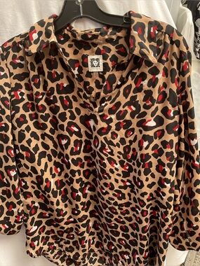 Anne KLIEN Leopard Print Button-Up Blouse in Tan, Black & Red
